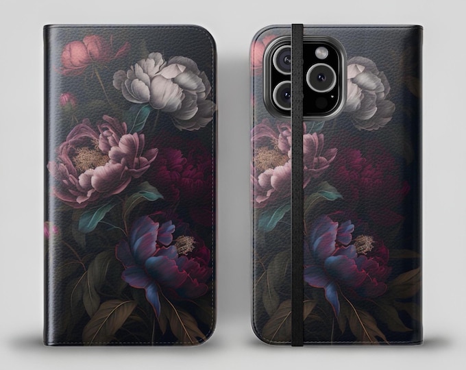 Gothic Dark Academia Floral Flip Case - iPhone 16 15 14 13 12 11 Pro Max Plus, Wallet Cover with Stand, Cardholder, Screen Protector