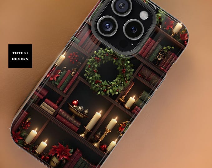 Cozy Xmas Bookcase dark academia iPhone dual layer tough sturdy case 13 14 15 Pro Max Plus Mini Glossy Matte | Gift for Daughter Halloween