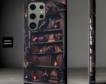 Gothic Ravens Bookcase Phone Case: Dark Academia Style