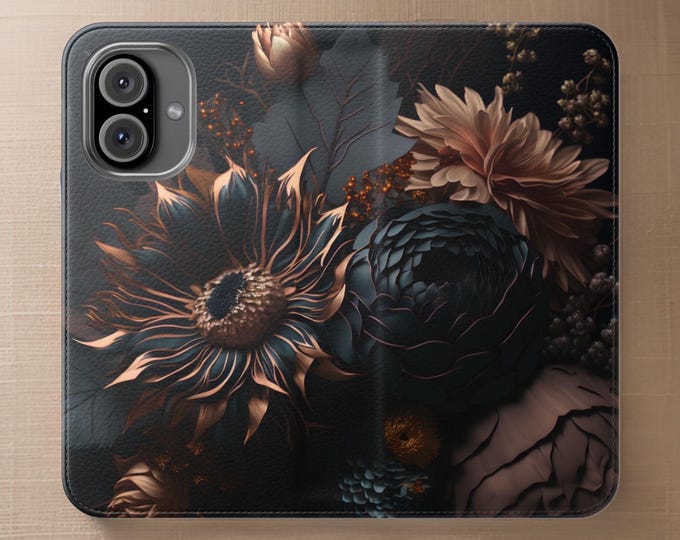 Dark Floral Faux Leather Phone Wallet Case: Artsy Flip Folio