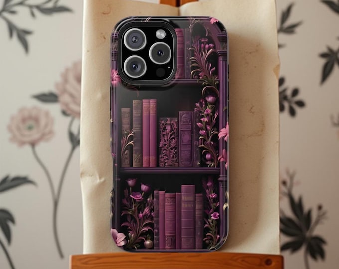 Bookish iPhone Case – Vintage Bookshelf Pink MagSafe Tough Phone Cover