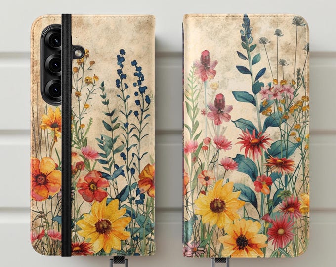 Wildflowers Vintage Flip Cases Stand and Cardholder, Samsung Galaxy, iPhone Cases, S25 S24 S23, 16 15 14 Birthday Gifts Her, Phone