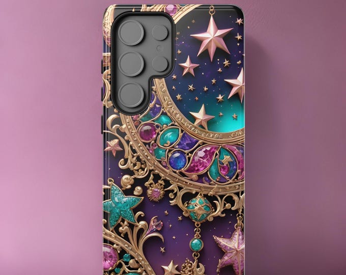 Celestial Bling Samsung Galaxy S25 S24 Protective Phone Cases | Plus, Ultra|Moon Stars Jewels Purple Gold Fantasy Glossy or Matte