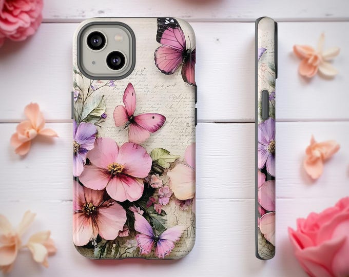 Cell phone case, Pink flower pastel butterfly, Coquette pastel vintage style, Samsung iPhone Tough Sturdy, Cute Shabby Chic, Glossy Matte
