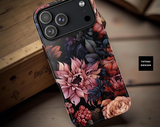 Gothic Floral Tough Phone Case: Dark Pink Black Design