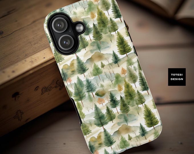 Watercolor Forest Trees Phone Case: Green Nature Art, Tough Dual Layer