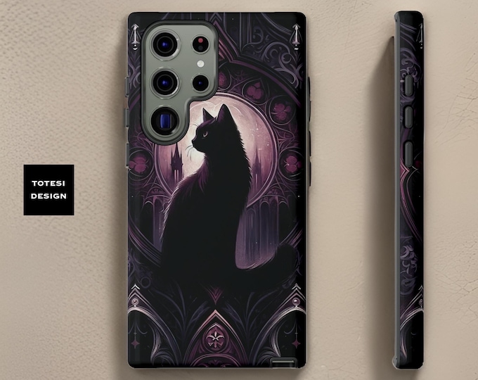 Cat Gothic Samsung Galaxy Tough Dual Layer Phone Case Gothic Cat Haunted House Halloween aesthetic Glossy or Matte finish