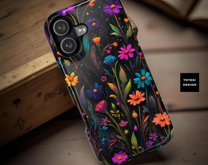 Black Neon Wildflowers MagSafe iPhone 15 16 17 Case: Glossy or Matte Finish