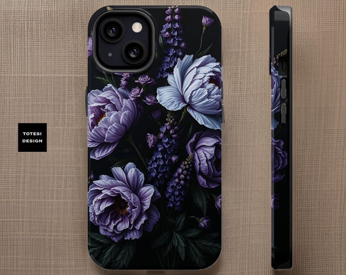 iPhone magnetic sturdy case | Dark moody purple floral Academia Gothic  dual layer 13 14 15 Pro Max Plus Mini|