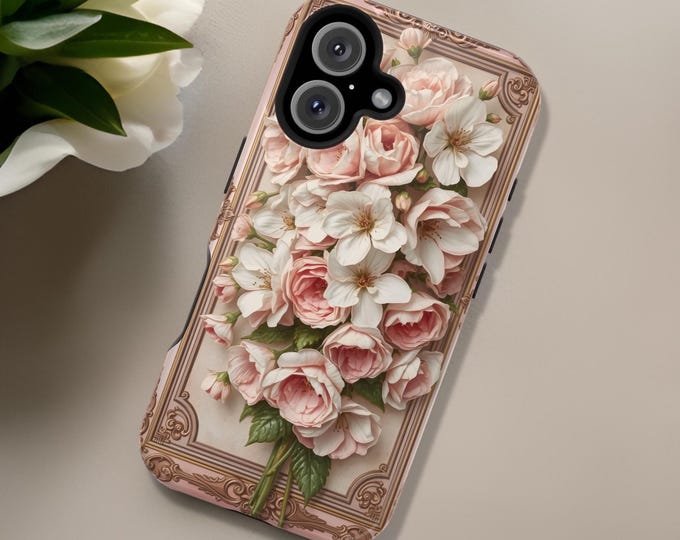 Pink Flower Bouquet iPhone Magsafe Tough Case, Flower Pattern Phone Cover, Retro iPhone 16 15 14 13 Pro Max Plus , Engagement gift