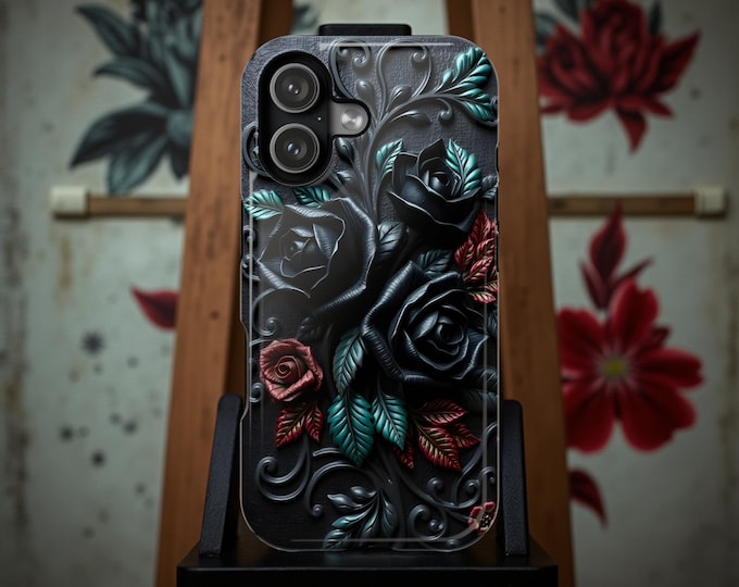 Gothic Floral iPhone Case: Teal Black Roses, Impact Resistant
