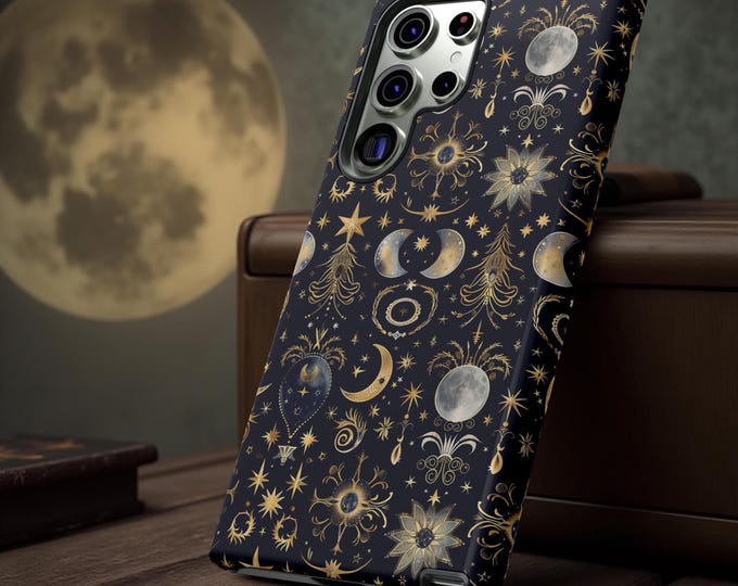 Celestial Moon Stars Phone Case: Galaxy S25 S24 S23, iPhone 17 16 15 14