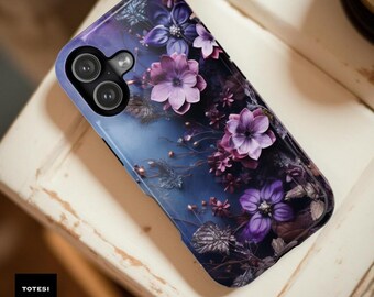 Floral Purple iPhone Case: MagSafe Compatible, Durable Dual-Layer Protection