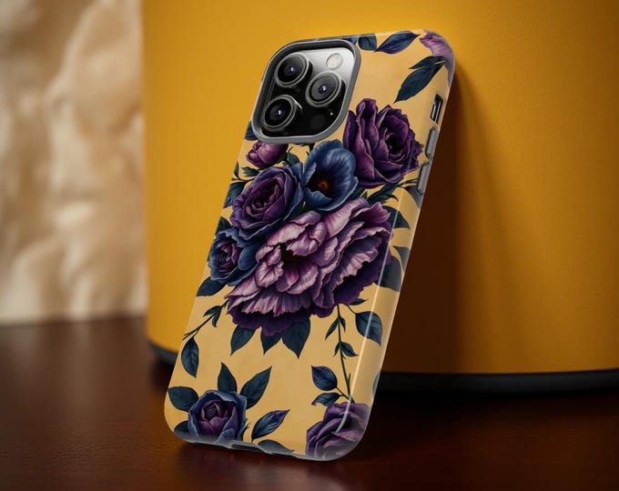 Dark Purple Flowers on Mustard Gold – Romantic Floral Tough Phone Case