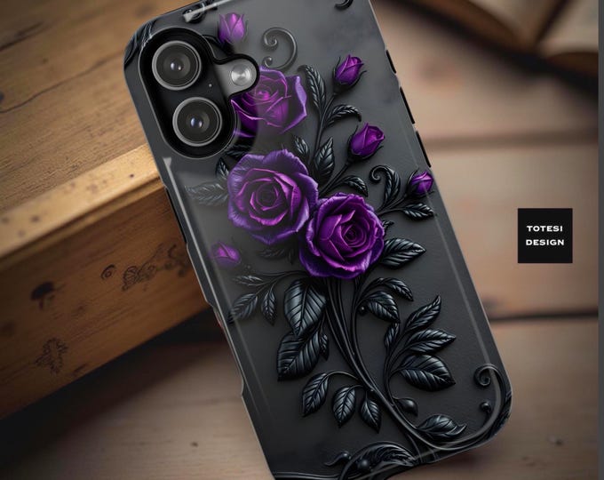 Gothic Black Purple Floral iPhone 16 17 case, Ornate Swirly Tough Magnetic Phone Cover