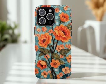 Flowers turquoise orange Artsy MagSafe Tough Case - Boho Art Protective Cover, 13-16 Pro Max Plus Cases, Floral Design