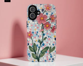 Phone Case, Floral Mosaic Art Tough Case for Samsung S25 S24 S23, iPhone 16 15 14 13 12 Pro Max Plus, Gift for Her, Flower Design,