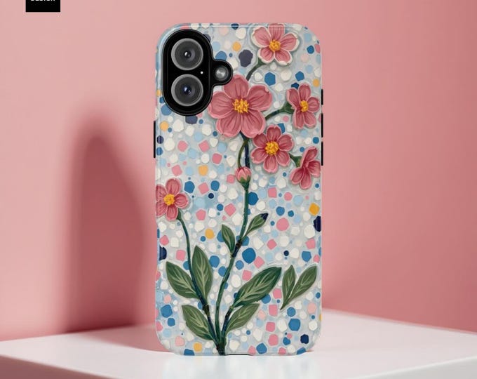 Phone Case, Floral Mosaic Art Tough Case for Samsung S25 S24 S23, iPhone 16 15 14 13 12 Pro Max Plus, Gift for Her, Flower Design,