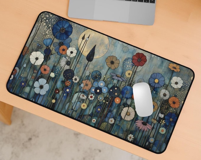 Desk Mat - Artsy Floral Whimsical Flower Garden, Botanical Mouse Pad, Nature Office Decor, Boho Desk Accessory, Cute Desk Blotter