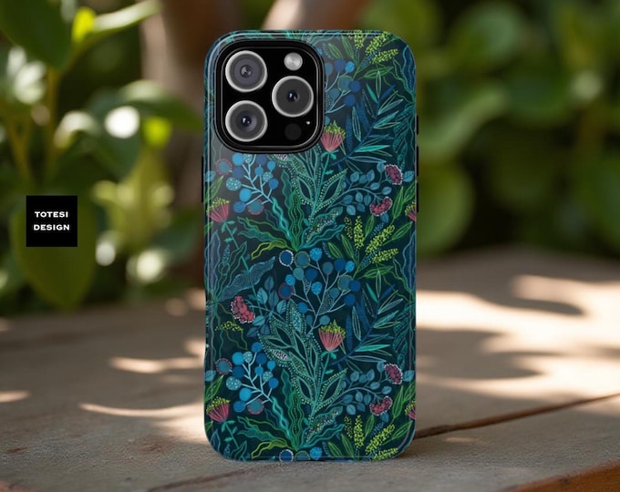 Samsung Galaxy S25 S24 S23 S22 Plus Ultra Tough Dual Layer cases -  Dark blue botanical, leaves floral | iPhone Covers| Glossy or Matte