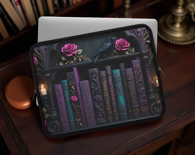 Gothic Raven Laptop Sleeve Case for Book Lovers, Student Reader iPad MacBook Kindle Cover