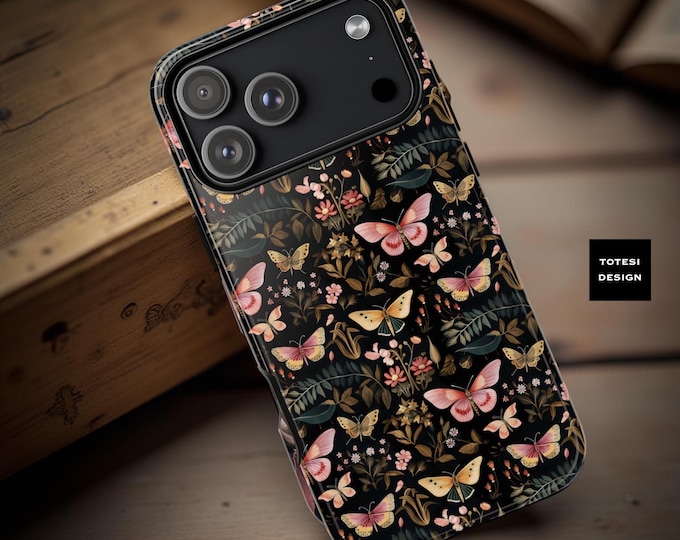 Botanical Butterfly Tough Phone Case: Black Pink Floral Cover