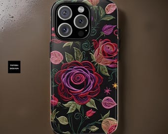 Whimsy Roses Dark Floral Phone Case for iPhone 16 15 14 13 12 11 Pro Max Plus Samsung S24 S23 S22 Plus Ultra, Tech Gift for Her
