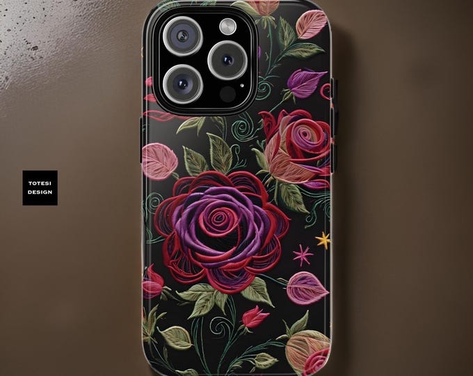 Whimsy Roses Dark Floral Phone Case for iPhone 16 15 14 13 12 11 Pro Max Plus Samsung S24 S23 S22 Plus Ultra, Tech Gift for Her