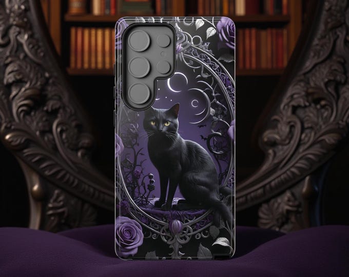Gothic Celestial Black Cat Magic Witchy Tough Case - Samsung Galaxy iPhone 16 15 14 13 12 11 S25 S24 S23 S22 S21 Plus, Sturdy Phone Cover,