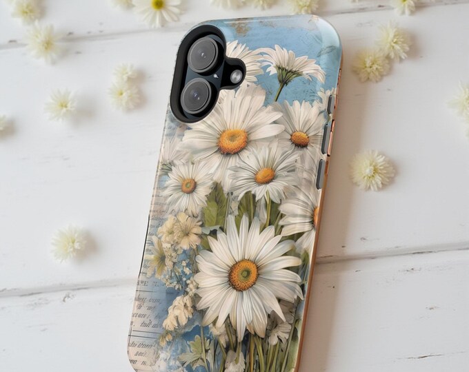 Magnetic Tough Cases, white daisies pastel vintage style,  Cute MagSafe iPhone Case,  Romantic phone cover, 16 15 14 13 Pro Max Plus