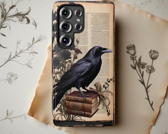 Gothic Raven Books Vintage aesthetic Dark Academia iPhone Samsung phone cases 17 16 S25 S24