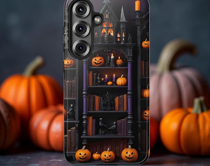 Goth Halloween pumpkins Spooky Bookcase Pumpkins Fall  iPhone Cases Tough 16 15 14 13 12 11, Samsung Galaxy S25 S24 S23 S22 Glossy or Matte
