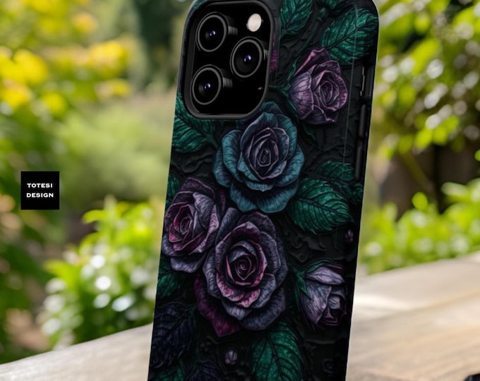 Phone Case, Gothic Dark Roses Flowers, iPhone 16 15 14 13 Pro Max Plus, Matte Glossy, Dark Academia Winter, Magnetic Tough Cases