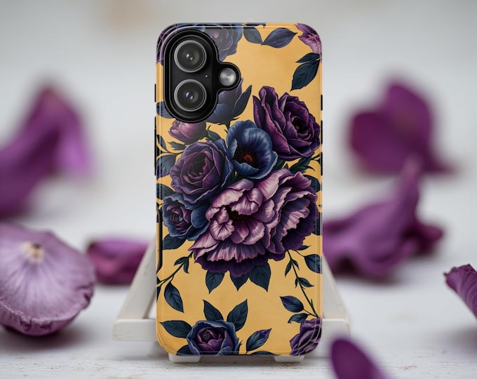 Dark Purple Flowers on Mustard Gold – Romantic Floral Tough Phone Case