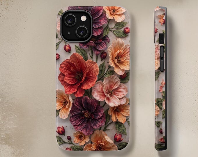 MagSafe iPhone Tough Case Flowers Unique Boho Art iPhone tough phone cases 16 15 14 13 12  Plus Pro Max Mini Glossy matte  Gift for birthday