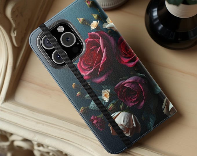 Floral Faux Leather Wallet Phone Case: Dark Rose iPhone Galaxy Cover