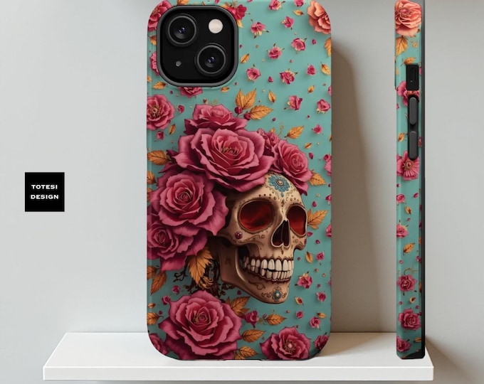 Skulls Roses iPhone MagSafe Tough Case, Spring Pink Phone Cover, Whimsy Goth Gift, Glossy Matte 13 14 15 16, Birthday Daughter, Unique