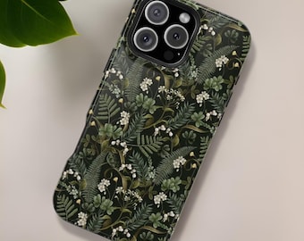 Dark green botanical Sturdy iphone tough case - teens flowers magical forest  - 16 15 14 13 Pro Max Plus Mini