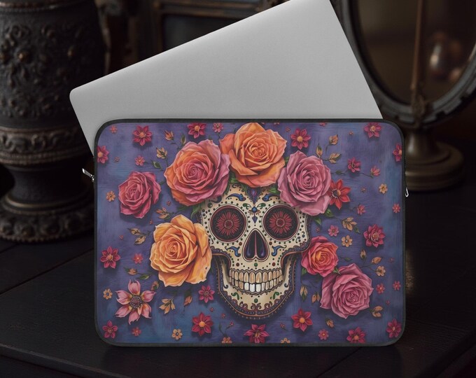 Colorful Skull floral blooms aesthetic MacBook Air Pro case soft, ipad pro case, laptop sleeve Plush fleece inside, 12 13 15 inch sleeve