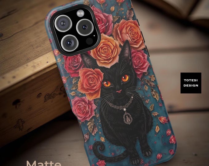 Black Cat Floral iPhone 16 17 Pro Max Case: Whimsical Witchy Goth MagSafe Cover