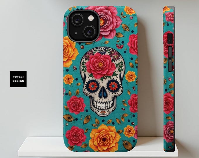 Blue Pink Skull Roses Unique Art iPhone MagSafe Tough Case, Whimsy Goth Gift, 16 15 14, Glossy Matte 13 14 15 16, Birthday Daughter, Unique