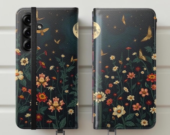 Floral Celestial Night Garden Phone Case Wallet: iPhone Flip Cover