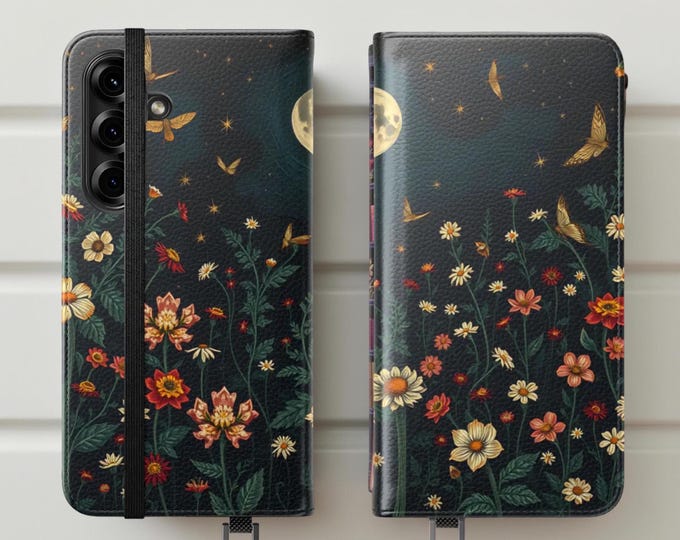 Flip Cases, Celestial Night Garden aesthetic Floral Books Phone Case Cover Wallet iPhone - Built in Stand, Cardholder, Protective,