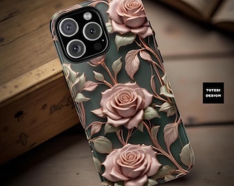 Chic Art Nouveau rose gold green Roses Aesthetic| Samsung Galaxy Tough Cell Phone Case S25 S24 S23 S22 Plus Ultra| iPhone 17 16 15 14 13 Pro