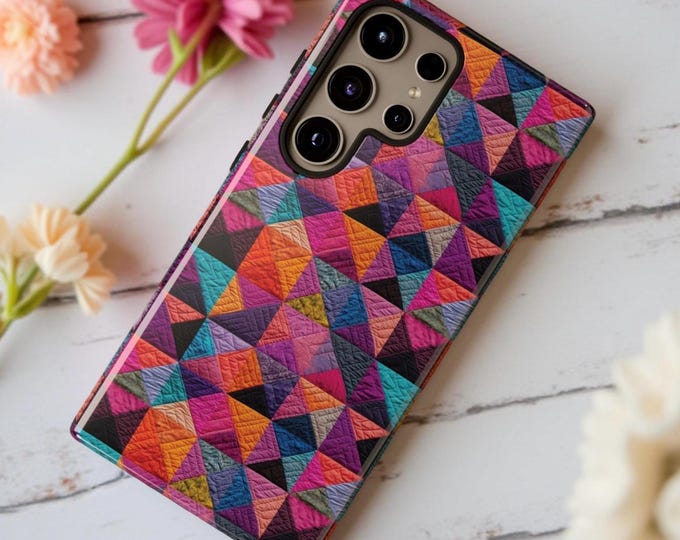 Patchwork Pink Sturdy Phone Cases Quilt PatternSamsung Tough Cases S25 S24 S22 S23 Plus Ultra | iPhone 16-11 Pro Max Plus Glossy or Matte