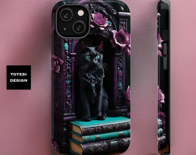 MagSafe Compatible dark Floral black cat books aesthetic iPhone case  iPhone MagSafe tough case - 13 14 15 Pro Max Plus Mini