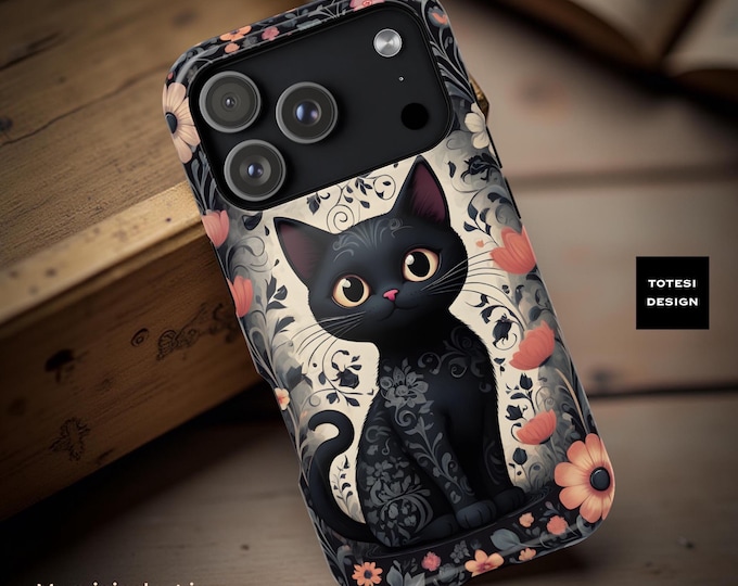 Black Kitty Flowers iPhone Case: Goth Protective Cover, MagSafe Compatible