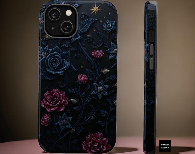 iPhone Magnetic Tough Case, Black Dark Academia Floral Celestial Swirly, MagSafe Compatible, Glossy Matte 16 15 14 13 Pro Max Plus