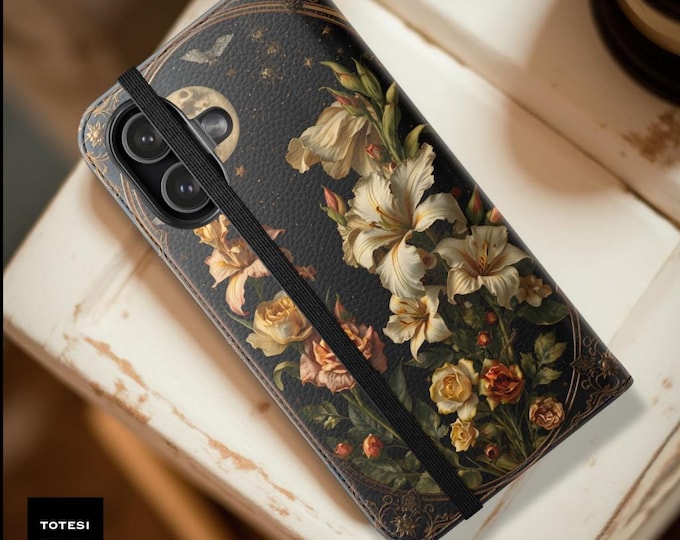 Celestial Dark Floral Flip Wallet Case, Gothic Artsy Faux Leather Cover, Cardholder Stand