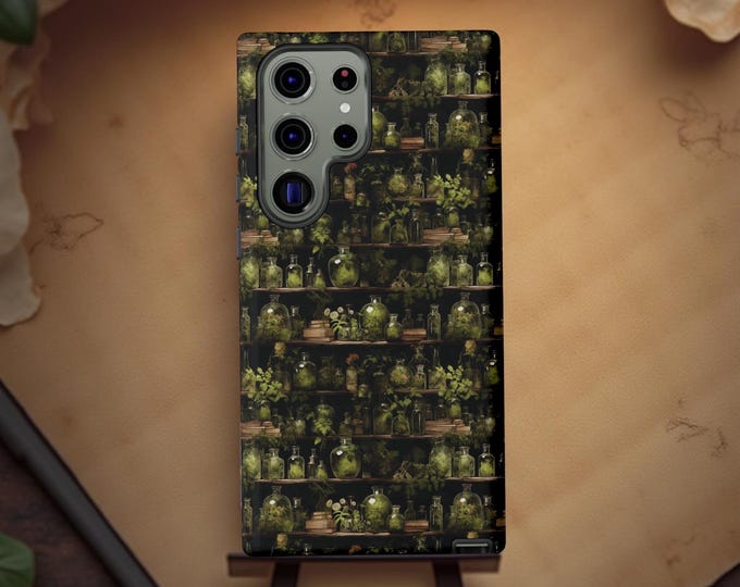Botanical Apothecary Plants Phone Case: Whimsical Green Shelves